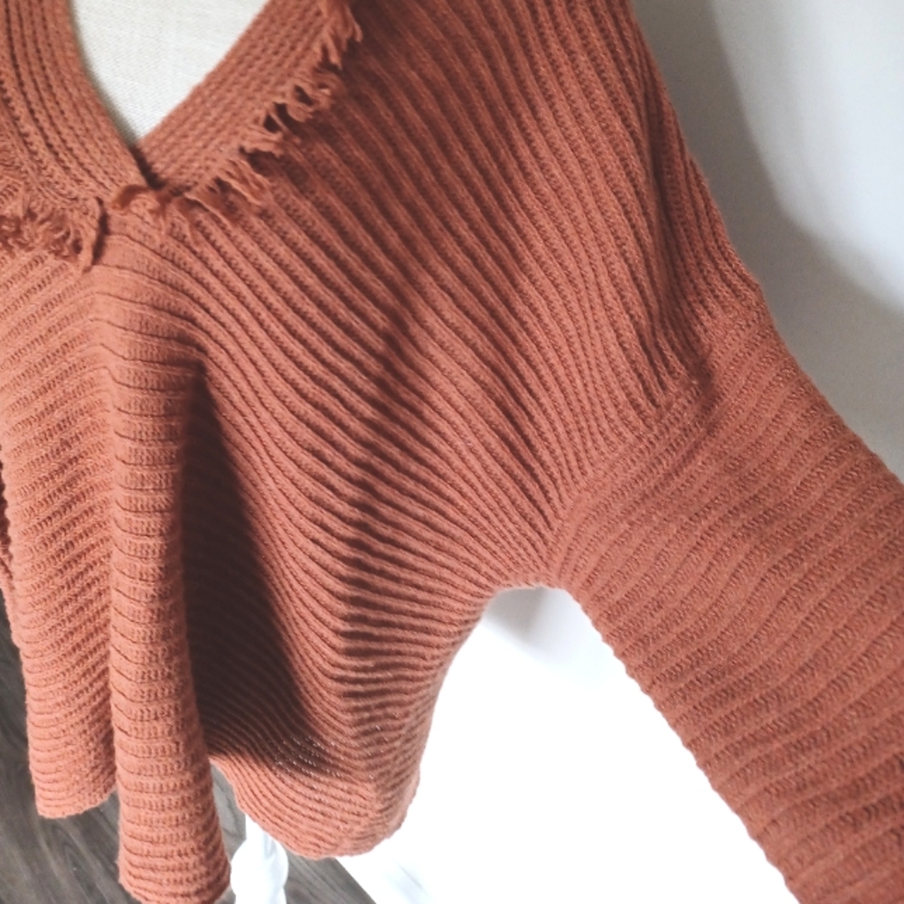 BiBi Rust Orange V-Neck Fringe Knit Sweater - Picture 7 of 9